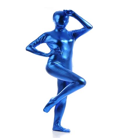 Blue Shiny Metallic Unitard Zentai Suit Sexy Full Body Adult