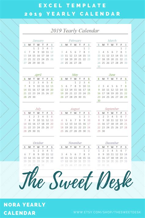Editable 2019 Yearly Calendar Printable Annual Calendar Excel Template