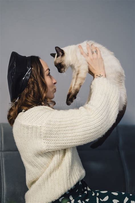 Pretty Woman Playing With Siamese Cat Stock Image Image Of Humans