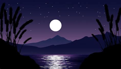 Premium Vector Night View Landscape With Mountain Lake Moon And Stars