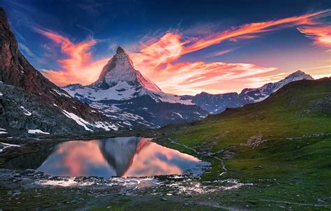Wallpaper Lake Dawn Mountain Switzerland Matterhorn Images For