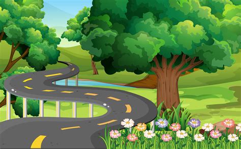 Park scene with empty road 374315 Vector Art at Vecteezy
