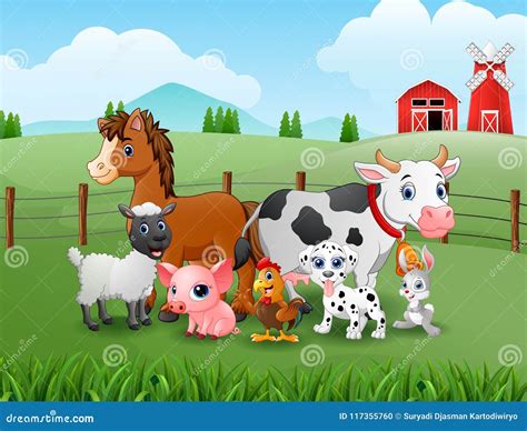 Happy Farm Animals In The Hills Stock Vector Illustration Of Fence
