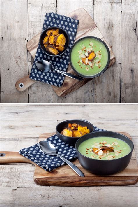 Swapping half the potatoes for cauliflower give. Cauliflower & Broccoli Soup with Sweet Potato Crisps ...
