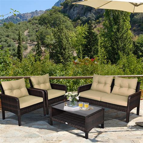 Gymax 4pcs Rattan Patio Conversation Set Cushioned Outdoor Furniture