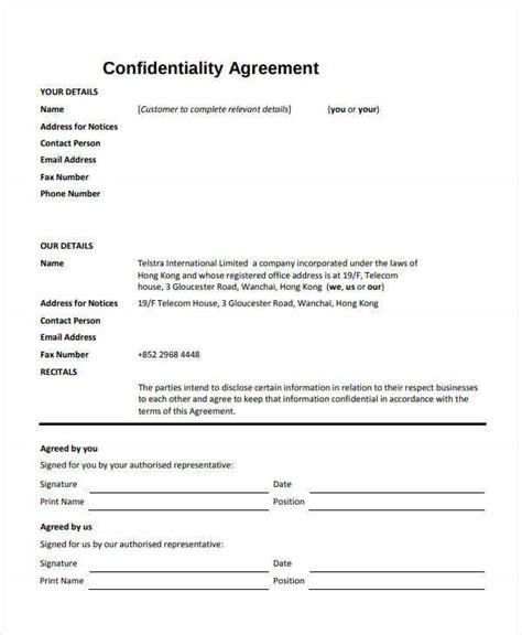 12 Business Confidentiality Agreement Templates Pdf Doc Free