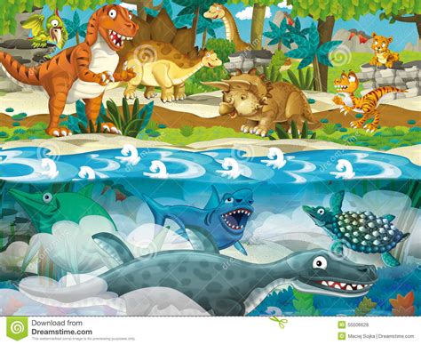 Cartoon Dinosaur Scene Underwater And Land Dinosaurs