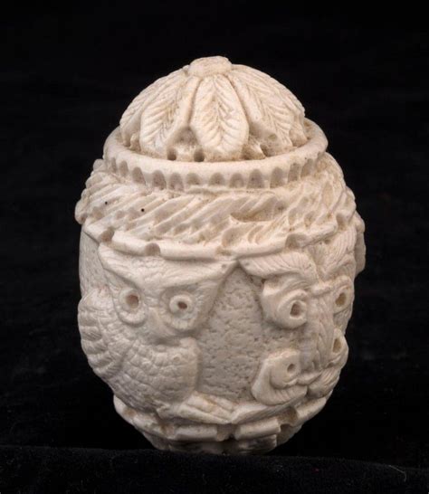 Carved Ivory Egg Ornament With Owls And Florals Zother Incl Carved