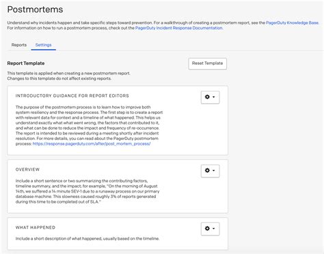 The template also includes a table for organizing assessment criteria, identifying issues, and planning action items. Postmortems