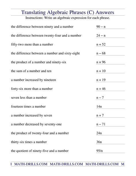 Translate Expressions Worksheet