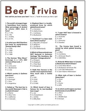 This is a printable quiz with multiple choice answers. Beer Tasting