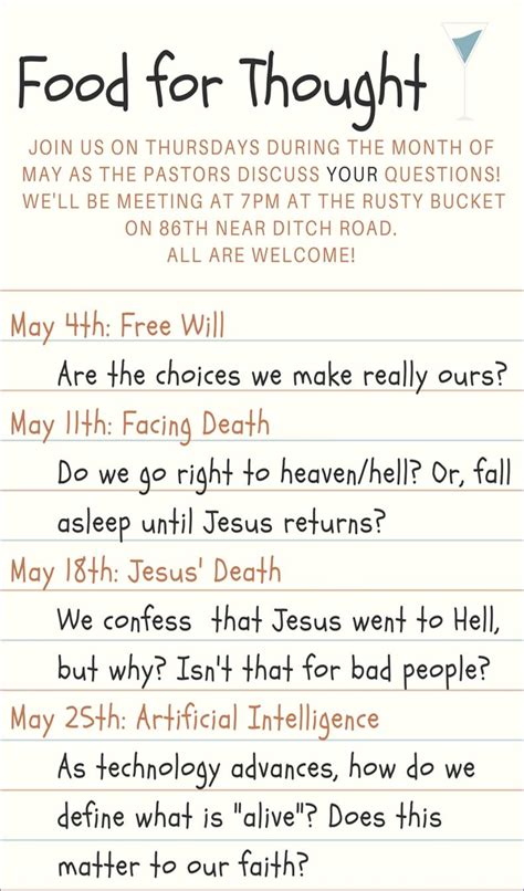 Open with a question about his profile. food for thought - Pleasant View Lutheran Church
