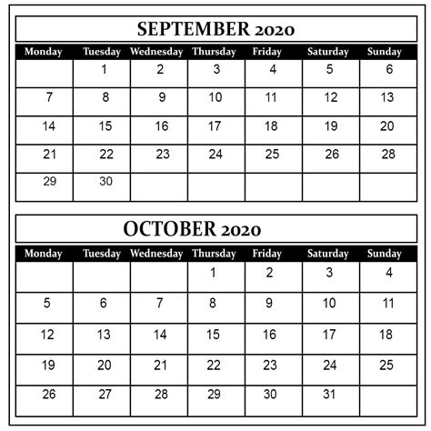 September And October 2020 Free Printable Calendar