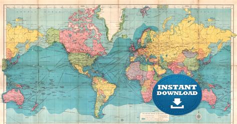 Digital Lively Blue Oceans Colorful Antique World Map Etsy