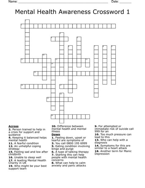 Mental Health Crossword Puzzle Printable Printable Templates