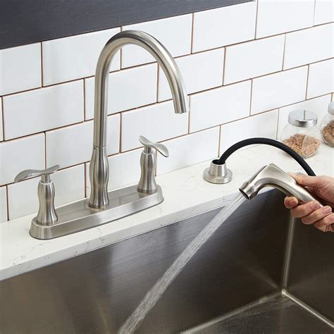 This faucet design type that will suit homeowners who have only one hole for installation. Hotis 2 Handle High Arch Two Mode Pull Out Sprayer Brushed ...