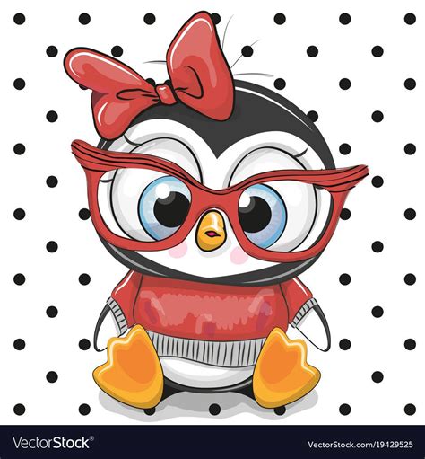 Cute Cartoon Penguin With Red Glasses On A Dots Background