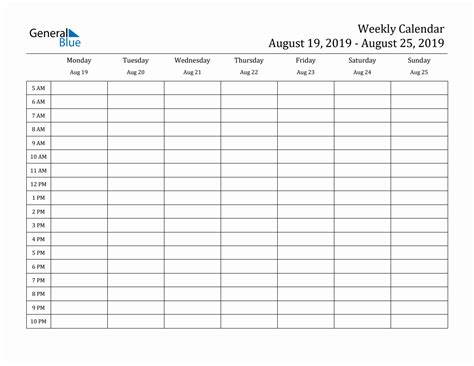 Weekly Calendar With Time Slots Week Of August 19 2019