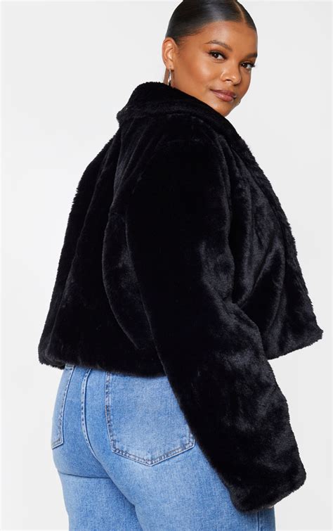 plus black cropped faux fur coat plus size prettylittlething ca