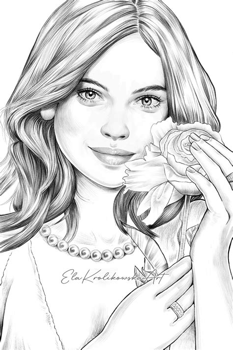 Drawing of a pretty girl holding a rose Rose Coloring Pages, Adult