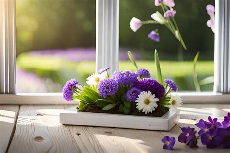 Premium Ai Image Bouquet Of Flowers On A Window Sill With A Window In