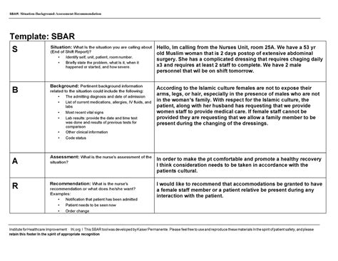 SBAR Form Cultural Diversity SBAR Situation Background Assessment Recommendation Template
