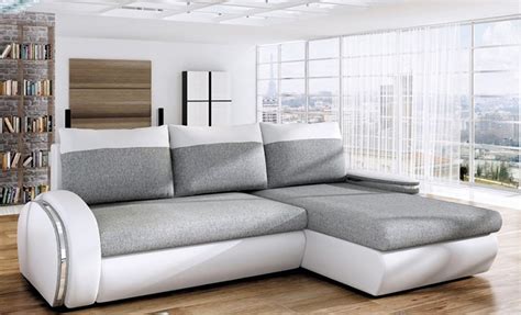 Canapé d'angle convertible tissu et simili gris et blanc ...