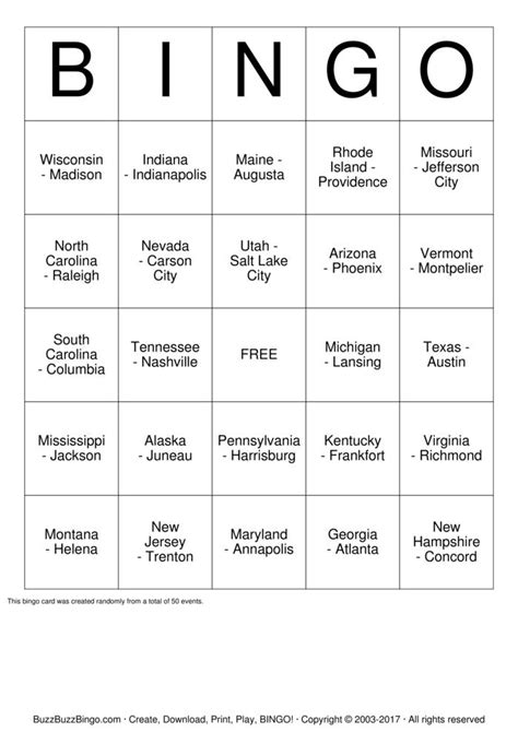 Us States And Capitals Bingo Cards To Download Print And Customize