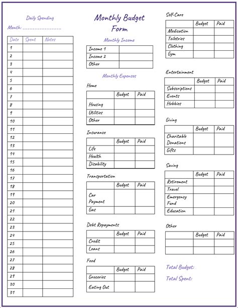 Free Printable Monthly Budget Form Templates Available To