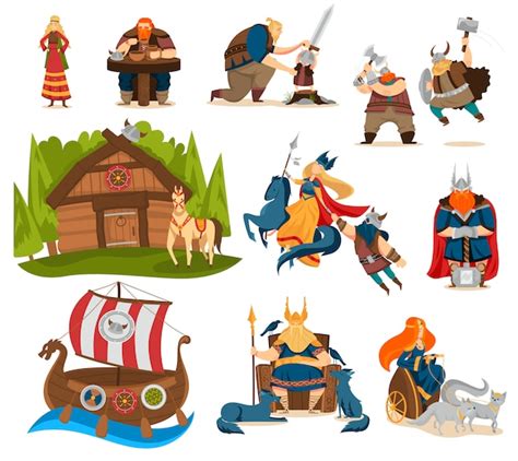 Premium Vector Viking Cartoon Characters And Gods Of Norse Mythology People Vector Illustration