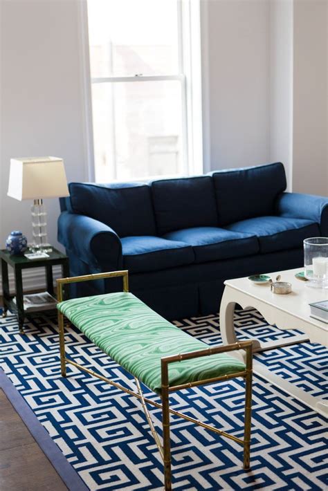 White Living Room With Navy Blue And Emerald Green Accents