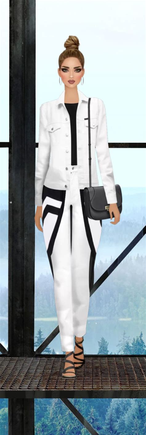 A Woman Standing On Top Of A Wooden Platform Wearing White And Black Clothing With Her Hands In