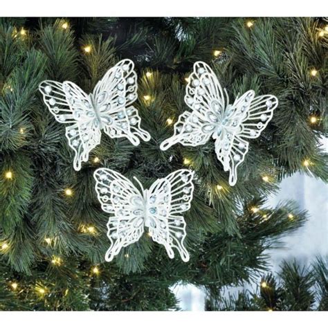 Butterfly Ornaments Set Of 3 White Gem Clip On Butterflies Sparkle