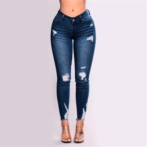 Pantalones Vaqueros Ajustados Para Mujer Jeans De Lápiz De Cintura Alta Elásticos Desgastados