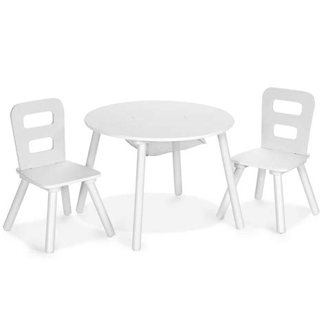 Costway Kids Wooden White Round Table And 2 Chair Set With Center Mesh