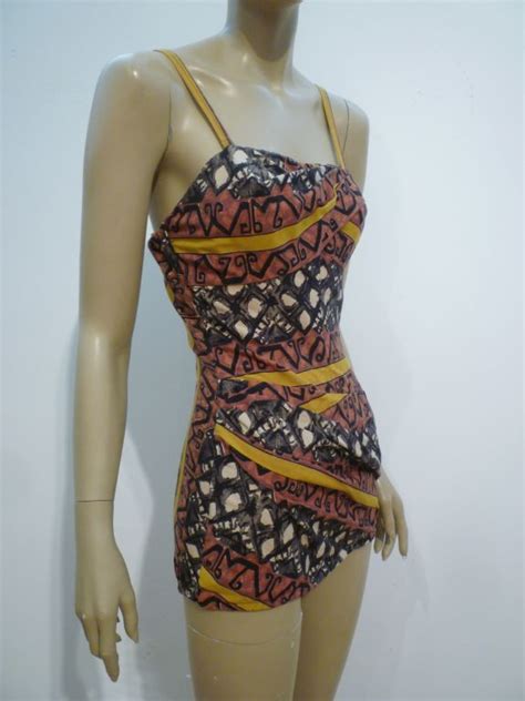 50s Tiki Print One Piece Rose Marie Reed Bathing Suit For