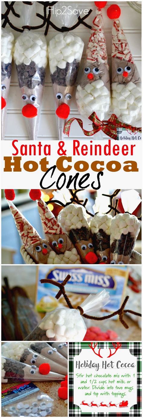 santa and reindeer hot cocoa cones are on display