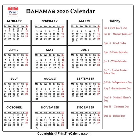 Bahamas Calendar 2020 With Bahamas Public Holidays