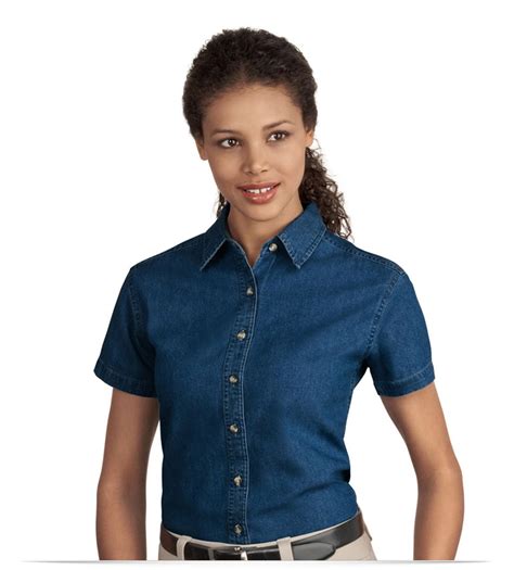 Custom Short Sleeve Womens Denim Shirt With Embroidery Logo