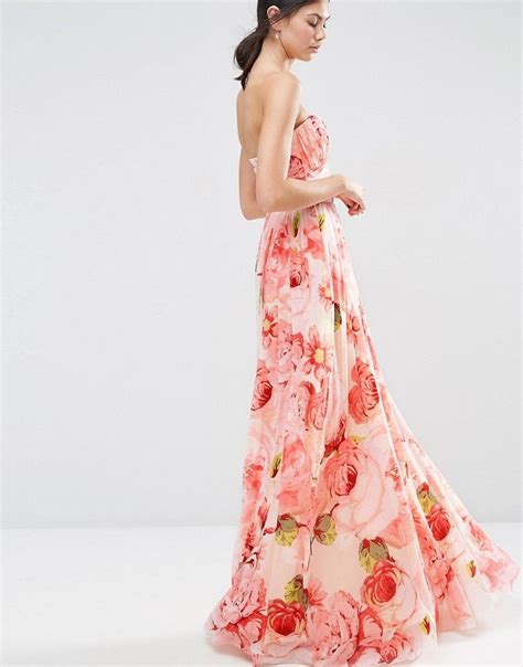 Floral Printed Ruched Bandeau Mesh Maxi Dress