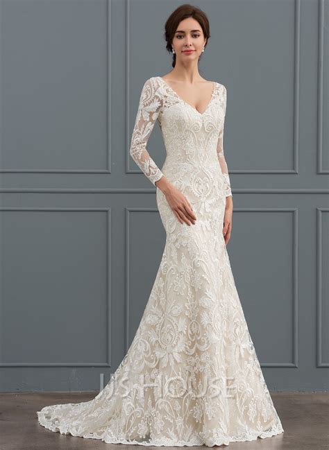 Trumpetmermaid V Neck Sweep Train Lace Wedding Dress 002127261 Jj
