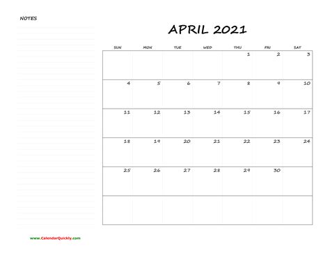 April Blank Calendar 2021 With Notes Calendar Quickly