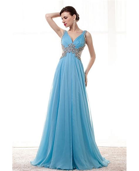 Flowy Long Sky Blue Prom Dress Beaded With Straps Sheer Back H76045