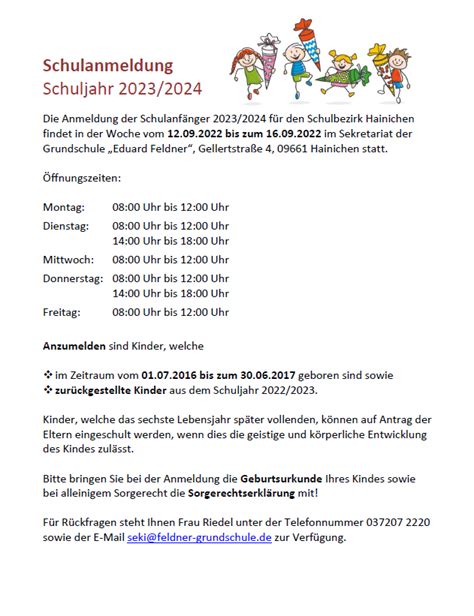 Anmeldung der Schulanfänger für das Schuljahr 2023/2024 nicht vergessen