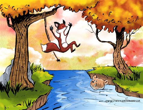 Fox And Bear Swimming Cartoon