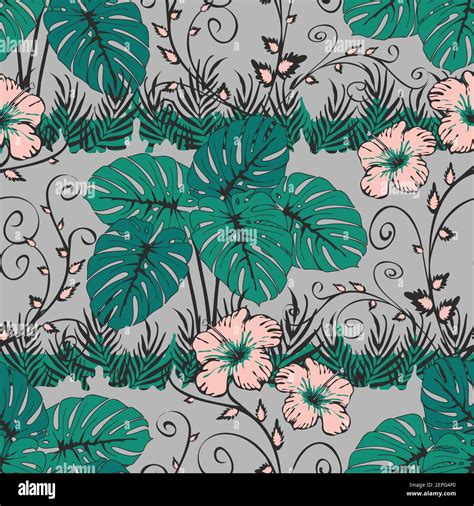 seamless vector pattern with tropical plants on light blue background turquoise floral