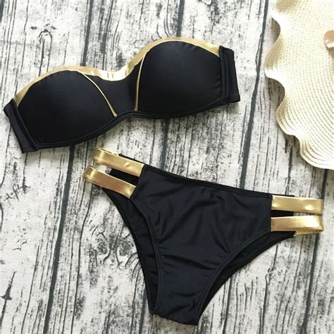 2019 Sexy Lady Bikini Set Padded Push Up Bra Swimwear Gold Patch Bandage Bikini Swimwear Women