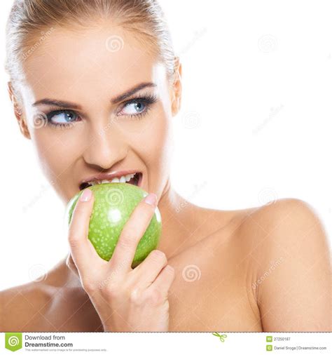 Woman Tries To Bite A Fresh Green Apple Stock Image Image Of Bright Health