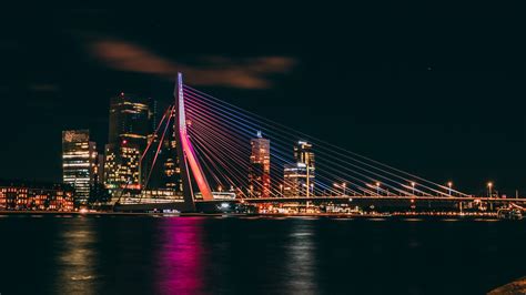 Erasmus Bridge At Night Rotterdam Netherlands 5k
