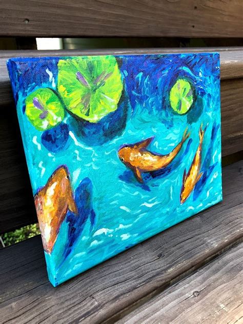 Koi Fish Acrylic Painting Original Teal Turquoise Waters Etsy